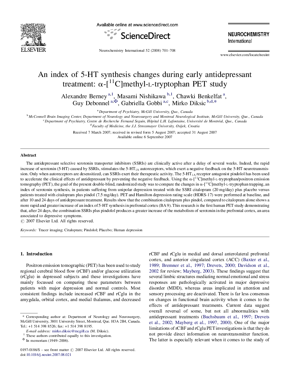 An index of 5-HT synthesis changes during early antidepressant treatment: α-[11C]methyl-l-tryptophan PET study