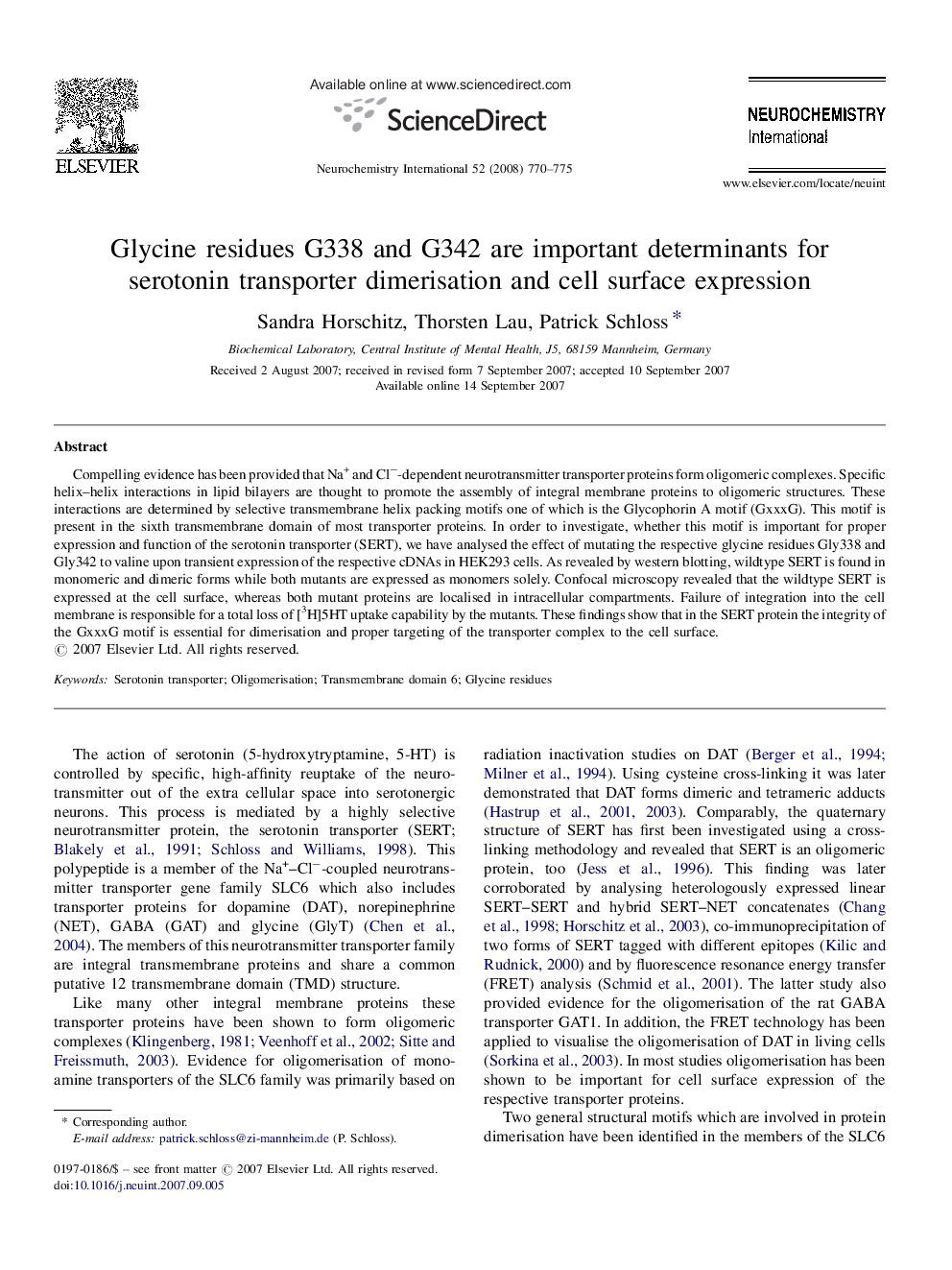 Glycine residues G338 and G342 are important determinants for serotonin transporter dimerisation and cell surface expression