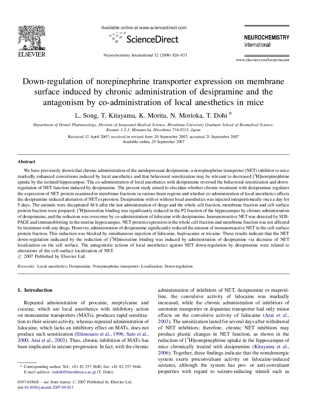 Down-regulation of norepinephrine transporter expression on membrane surface induced by chronic administration of desipramine and the antagonism by co-administration of local anesthetics in mice