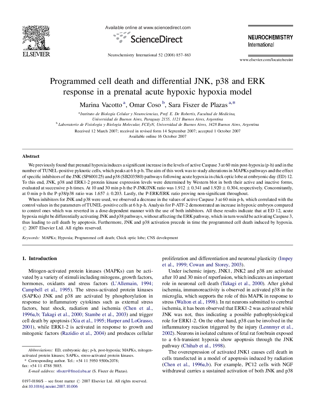 Programmed cell death and differential JNK, p38 and ERK response in a prenatal acute hypoxic hypoxia model