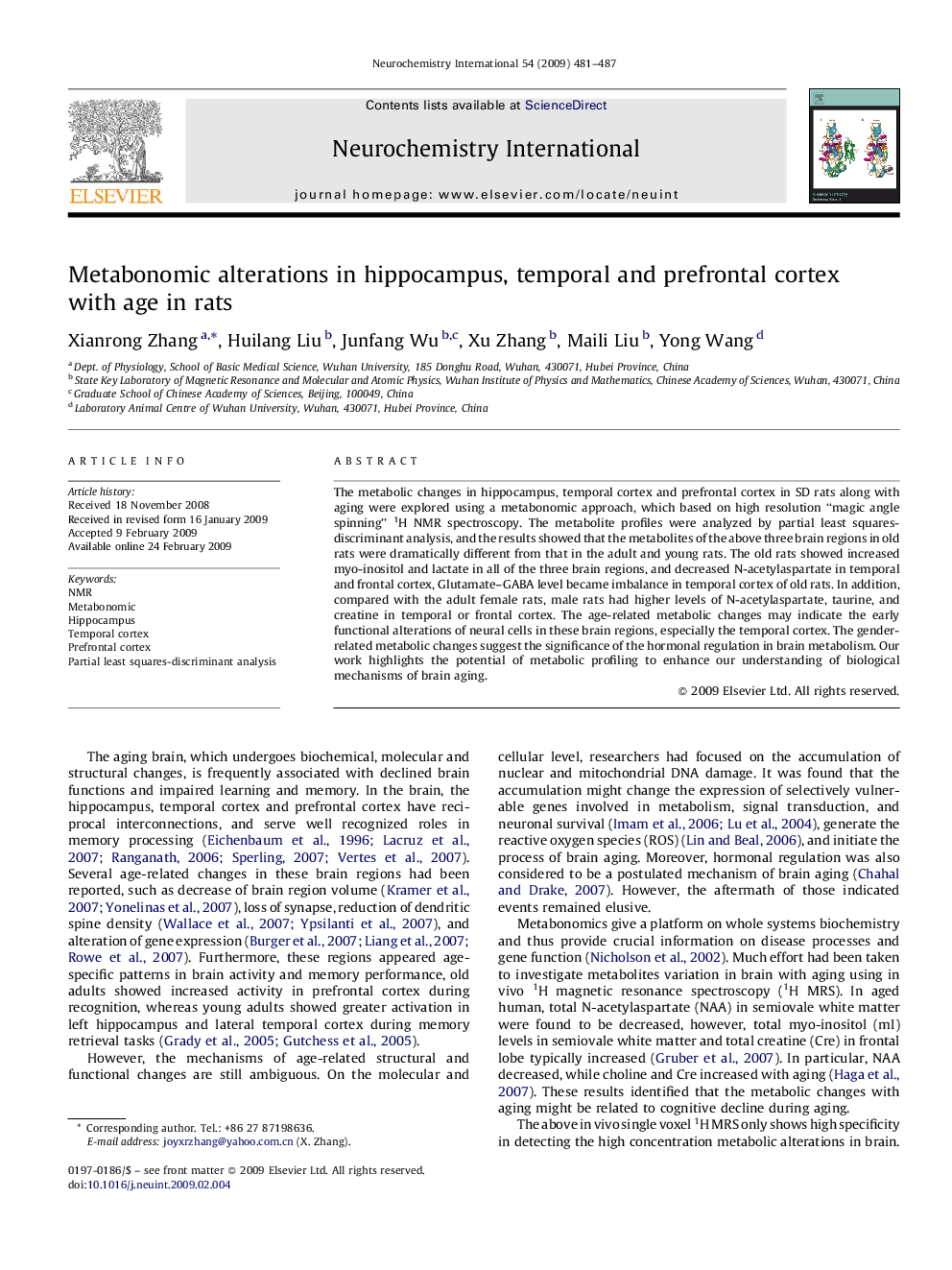 Metabonomic alterations in hippocampus, temporal and prefrontal cortex with age in rats