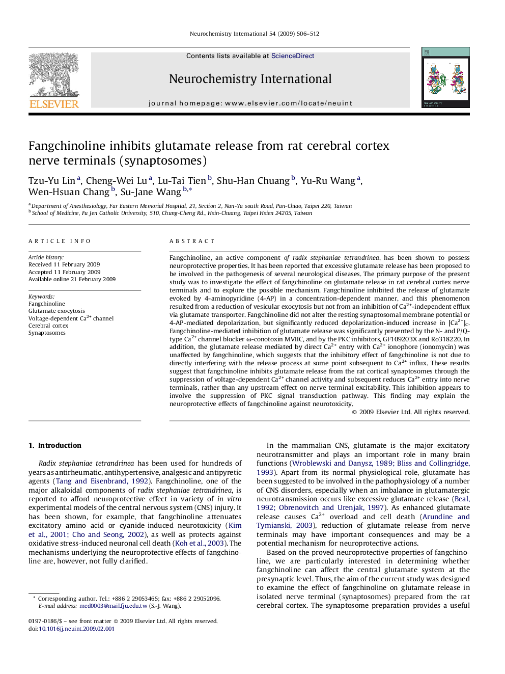 Fangchinoline inhibits glutamate release from rat cerebral cortex nerve terminals (synaptosomes)