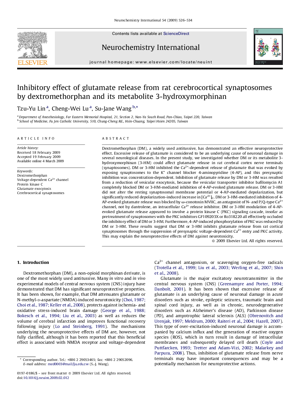 Inhibitory effect of glutamate release from rat cerebrocortical synaptosomes by dextromethorphan and its metabolite 3-hydroxymorphinan