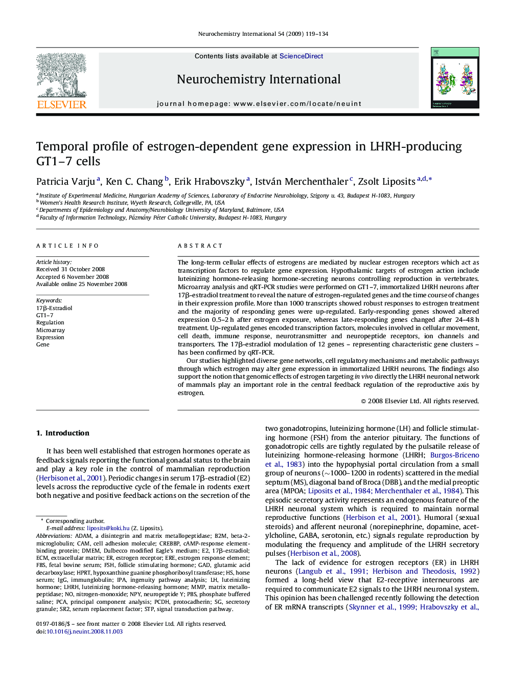 Temporal profile of estrogen-dependent gene expression in LHRH-producing GT1–7 cells