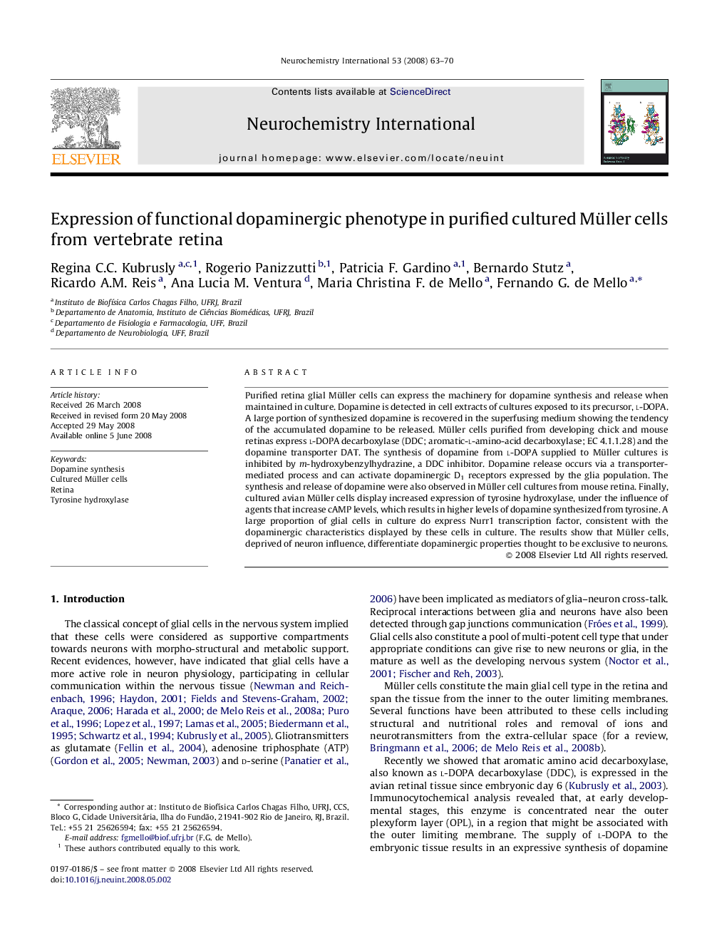 Expression of functional dopaminergic phenotype in purified cultured Müller cells from vertebrate retina