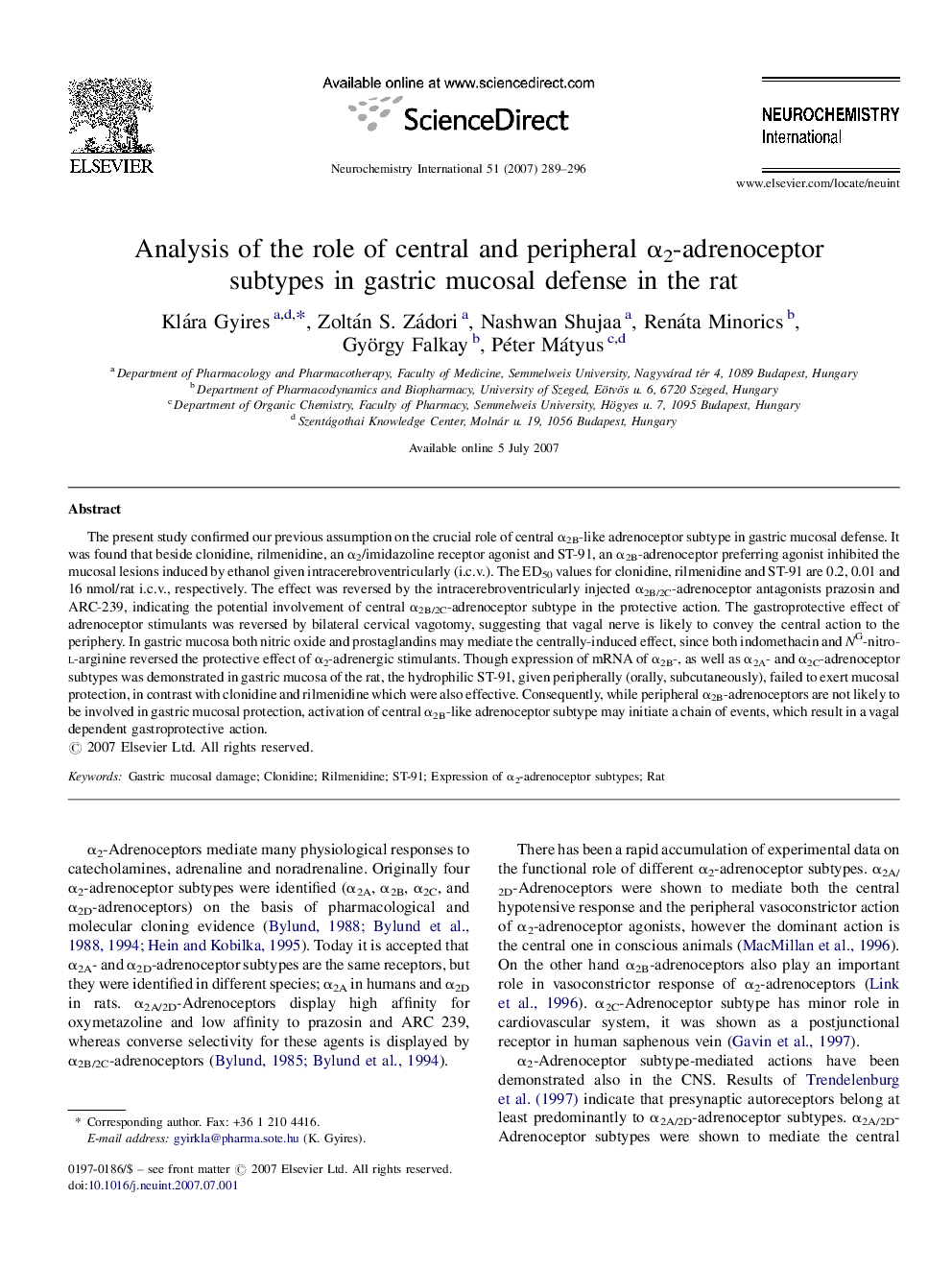 Analysis of the role of central and peripheral Î±2-adrenoceptor subtypes in gastric mucosal defense in the rat