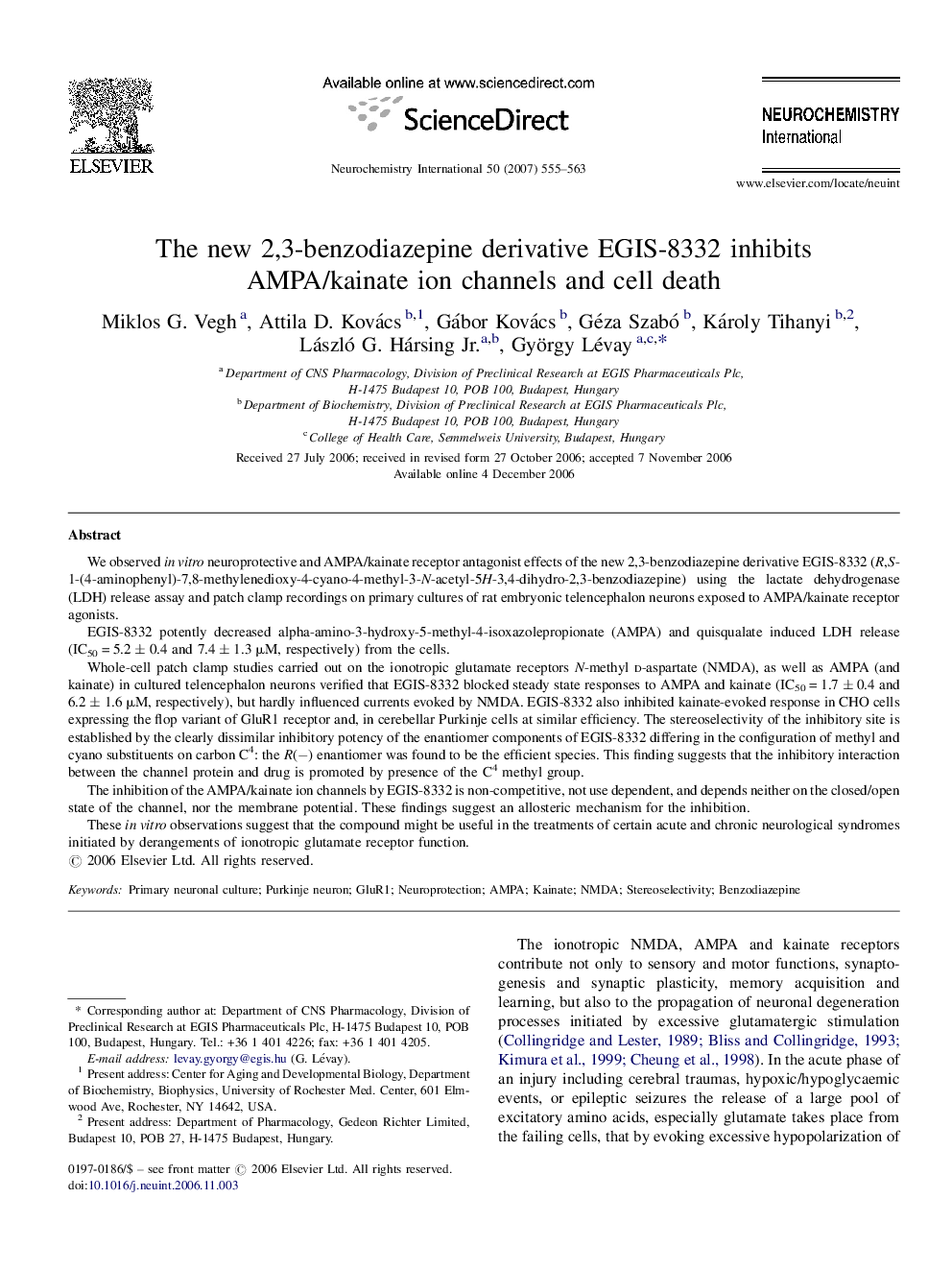 The new 2,3-benzodiazepine derivative EGIS-8332 inhibits AMPA/kainate ion channels and cell death