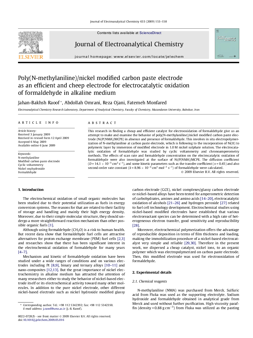 Poly(N-methylaniline)/nickel modified carbon paste electrode as an efficient and cheep electrode for electrocatalytic oxidation of formaldehyde in alkaline medium