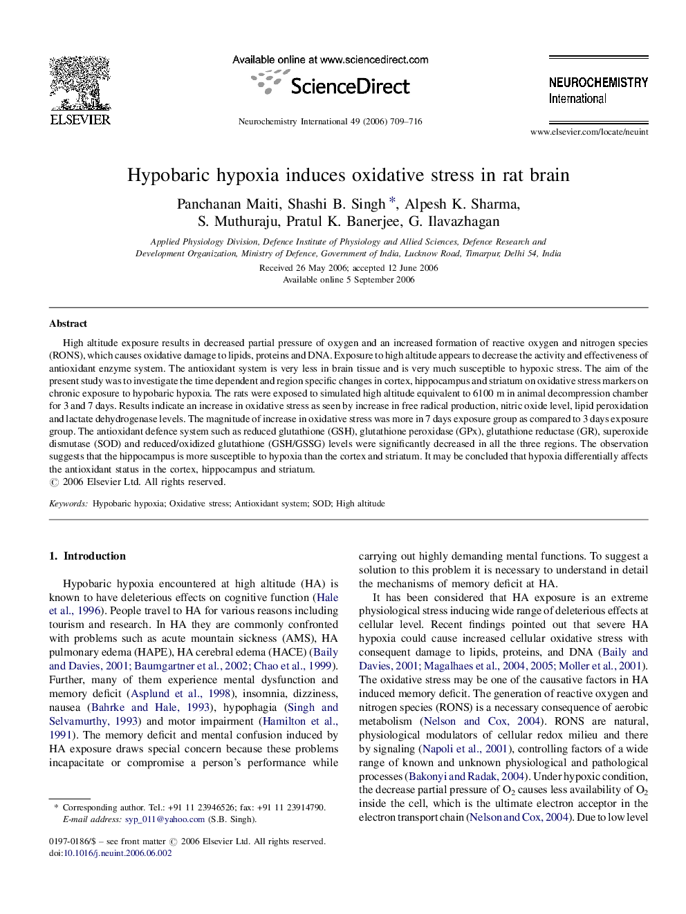 Hypobaric hypoxia induces oxidative stress in rat brain