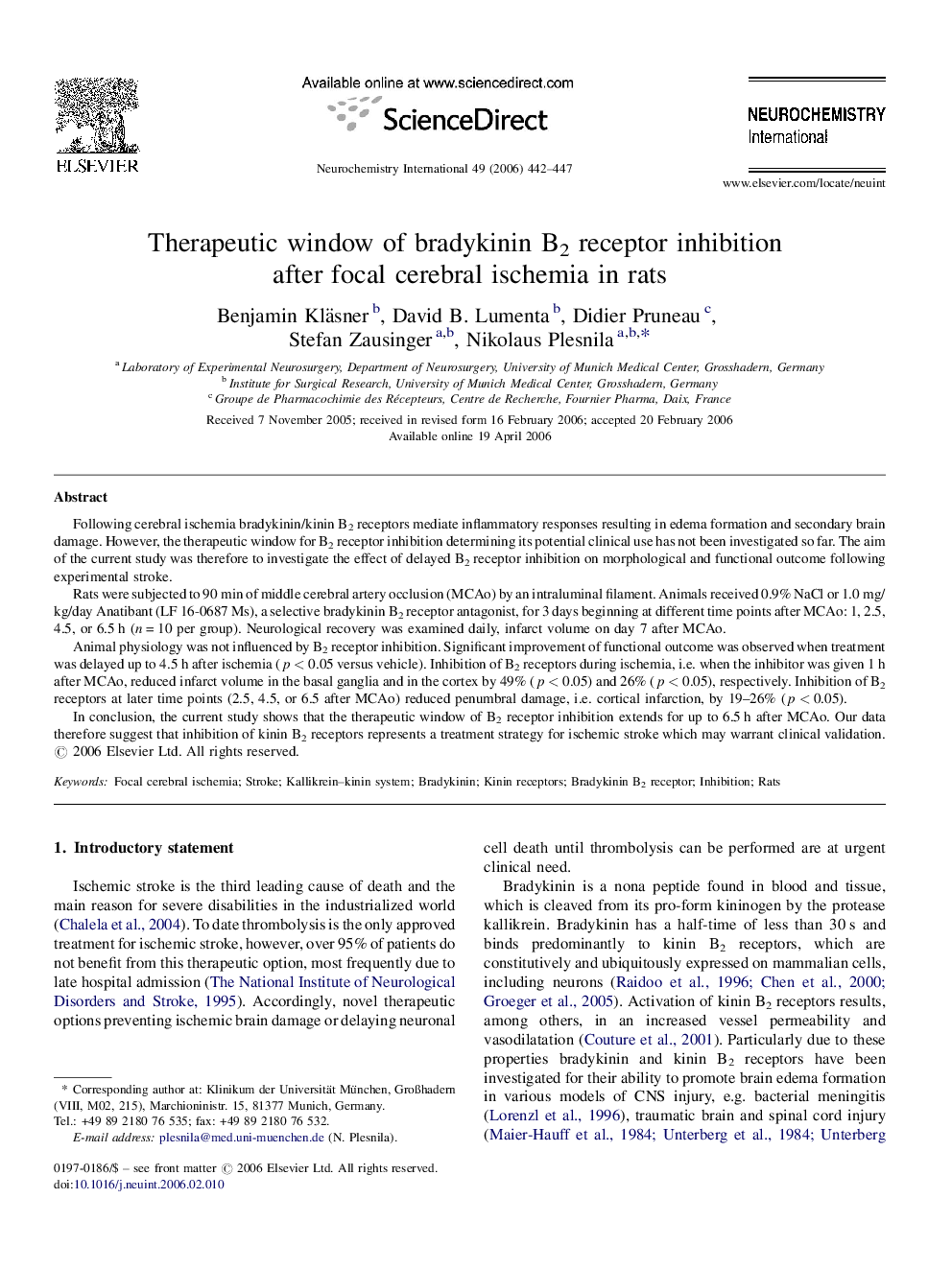 Therapeutic window of bradykinin B2 receptor inhibition after focal cerebral ischemia in rats