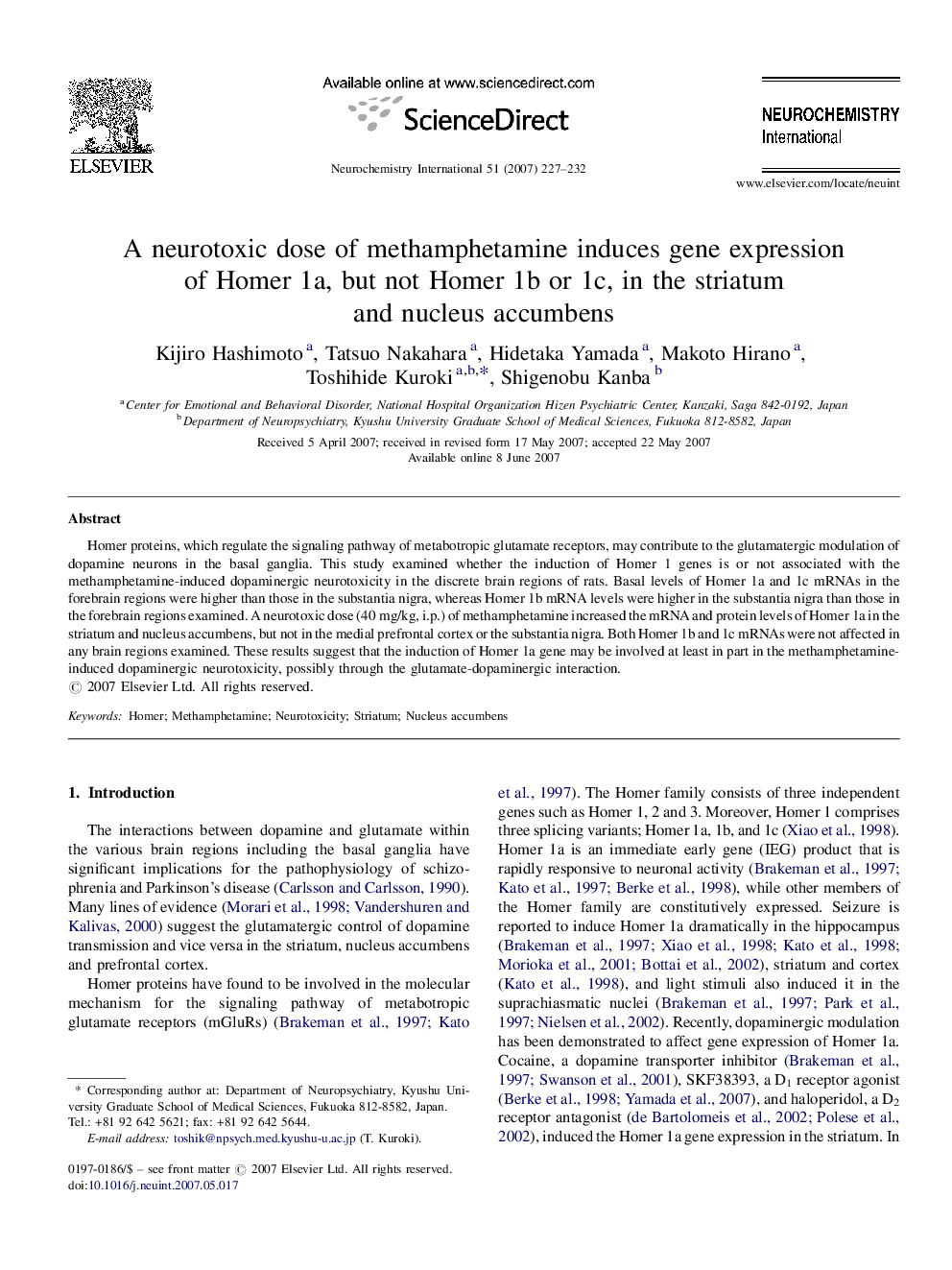 A neurotoxic dose of methamphetamine induces gene expression of Homer 1a, but not Homer 1b or 1c, in the striatum and nucleus accumbens