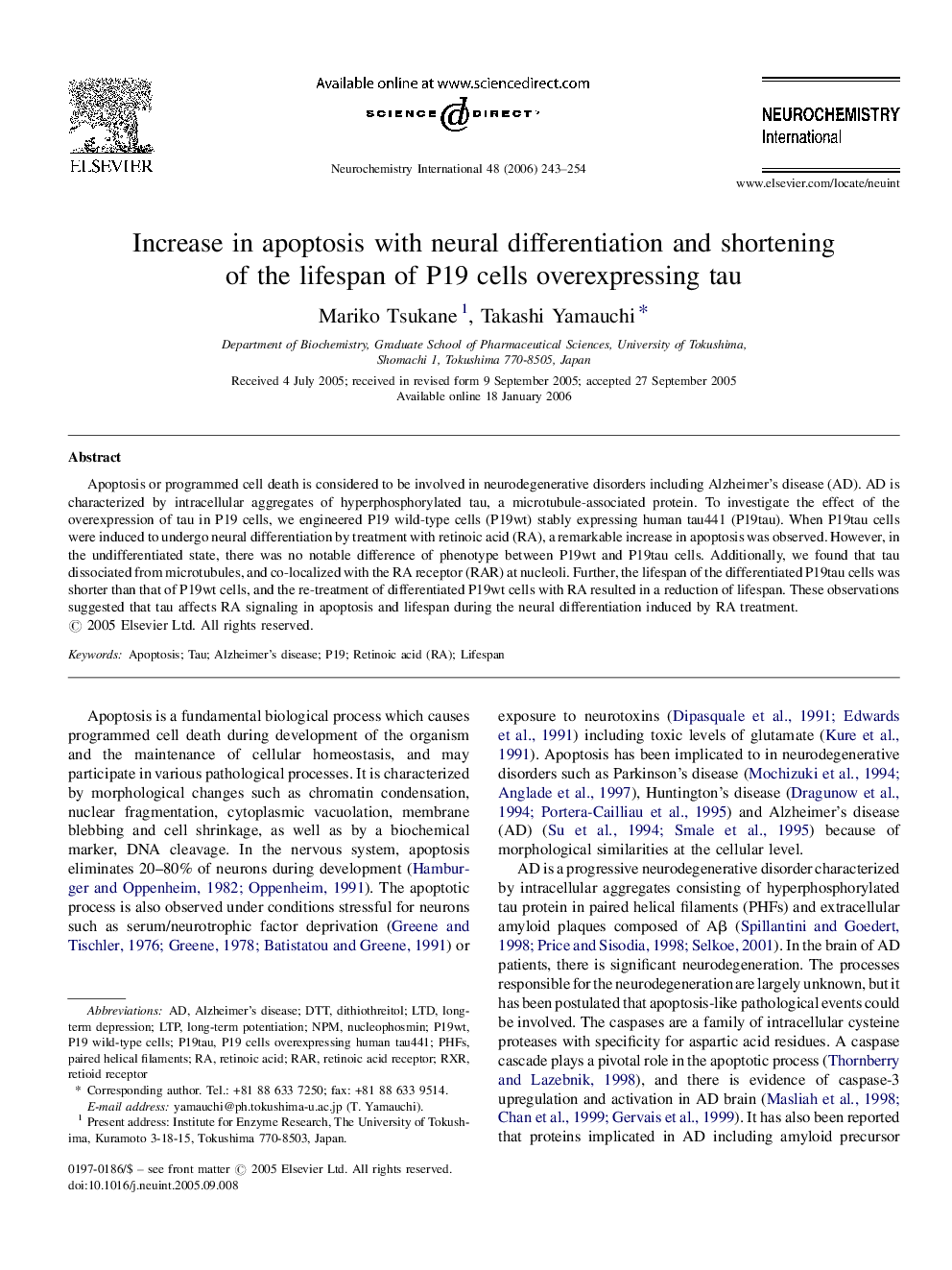 Increase in apoptosis with neural differentiation and shortening of the lifespan of P19 cells overexpressing tau