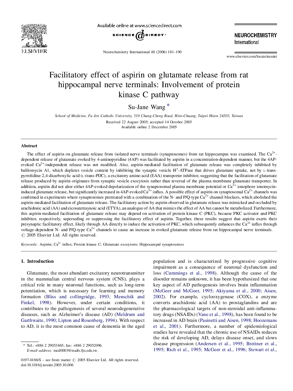 Facilitatory effect of aspirin on glutamate release from rat hippocampal nerve terminals: Involvement of protein kinase C pathway