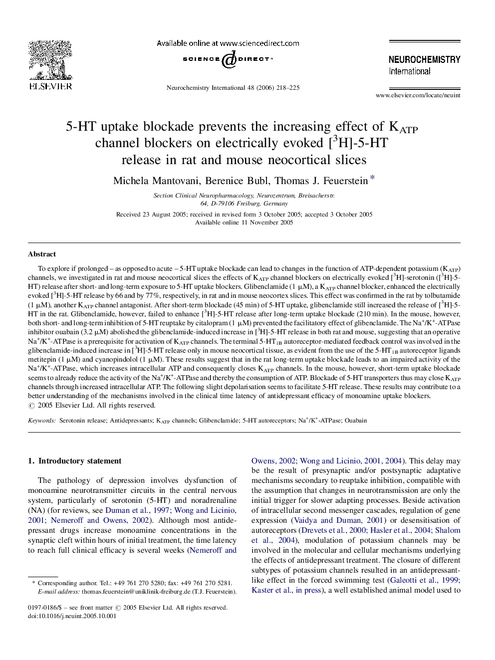 5-HT uptake blockade prevents the increasing effect of KATP channel blockers on electrically evoked [3H]-5-HT release in rat and mouse neocortical slices