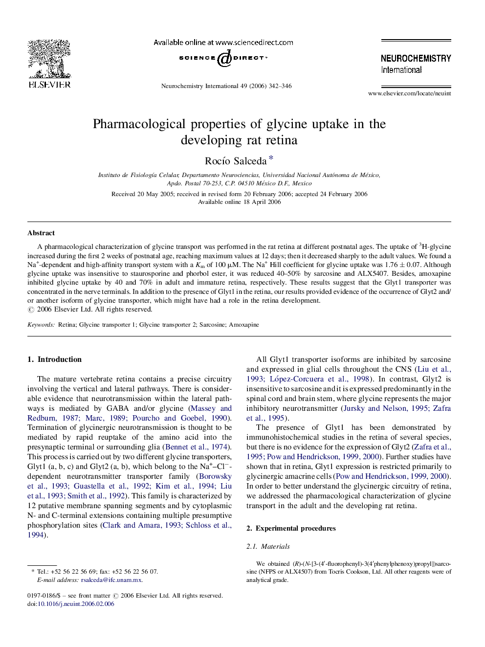 Pharmacological properties of glycine uptake in the developing rat retina