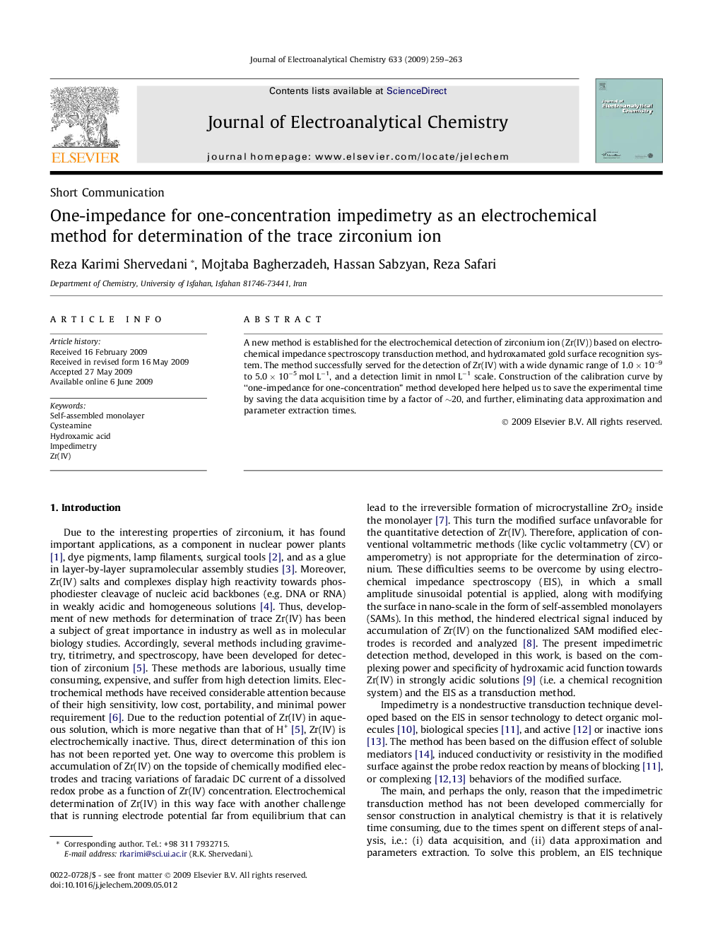 One-impedance for one-concentration impedimetry as an electrochemical method for determination of the trace zirconium ion