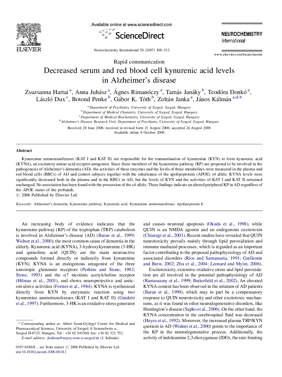 عکس صفحه اول مقاله: Decreased serum and red blood cell kynurenic acid levels in Alzheimer's disease Decreased serum and red blood cell kynurenic acid levels in Alzheimer's disease