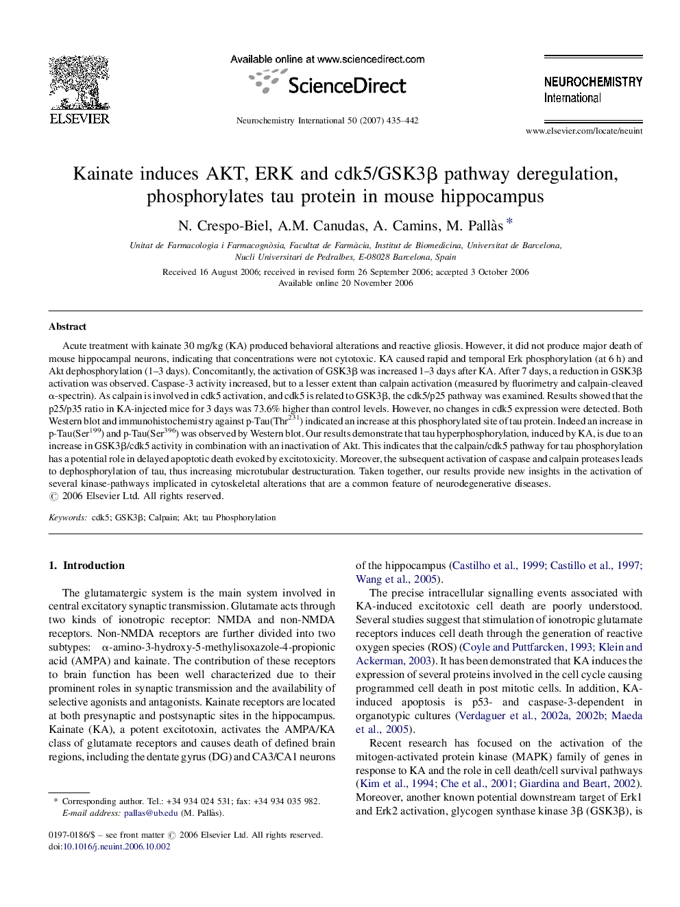 Kainate induces AKT, ERK and cdk5/GSK3β pathway deregulation, phosphorylates tau protein in mouse hippocampus