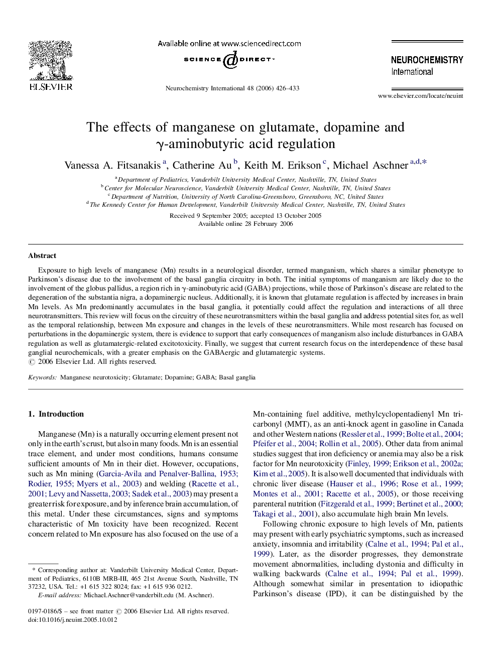 The effects of manganese on glutamate, dopamine and γ-aminobutyric acid regulation