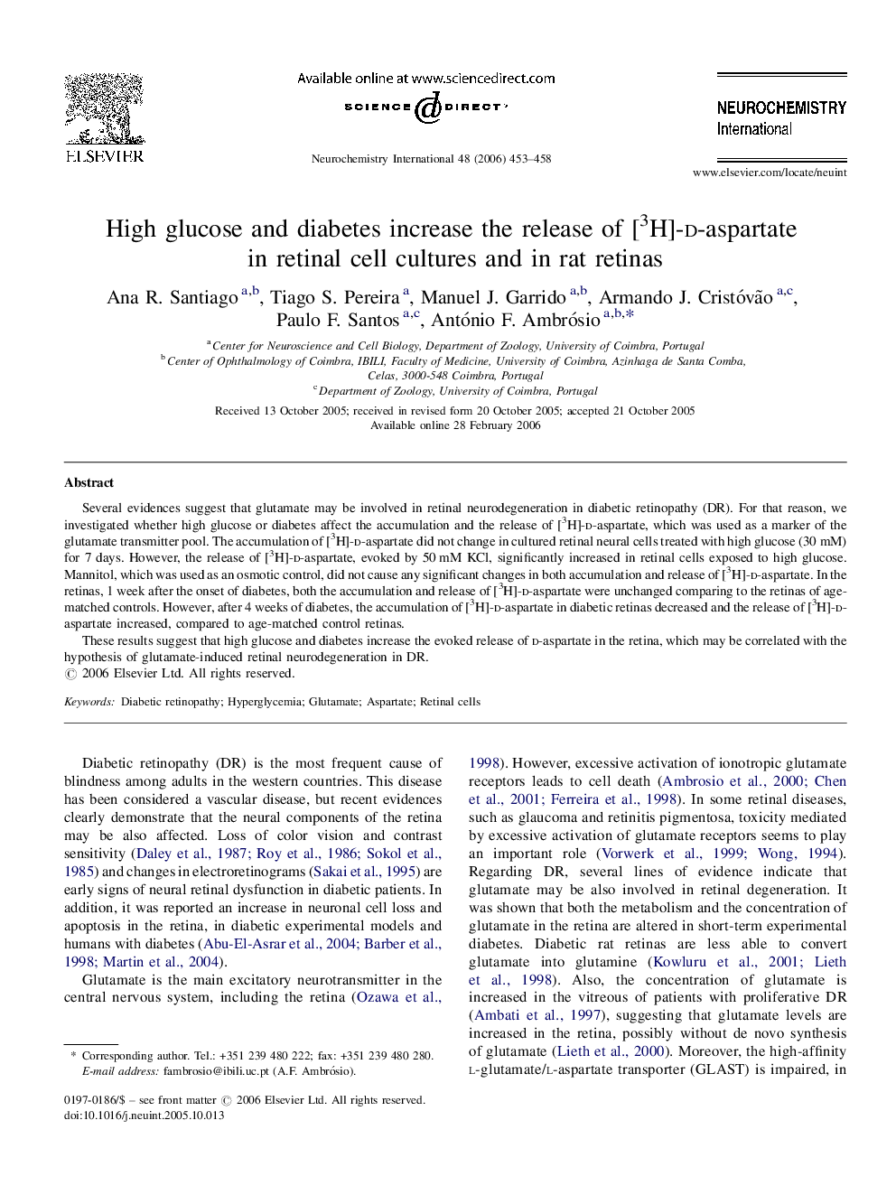 High glucose and diabetes increase the release of [3H]-d-aspartate in retinal cell cultures and in rat retinas