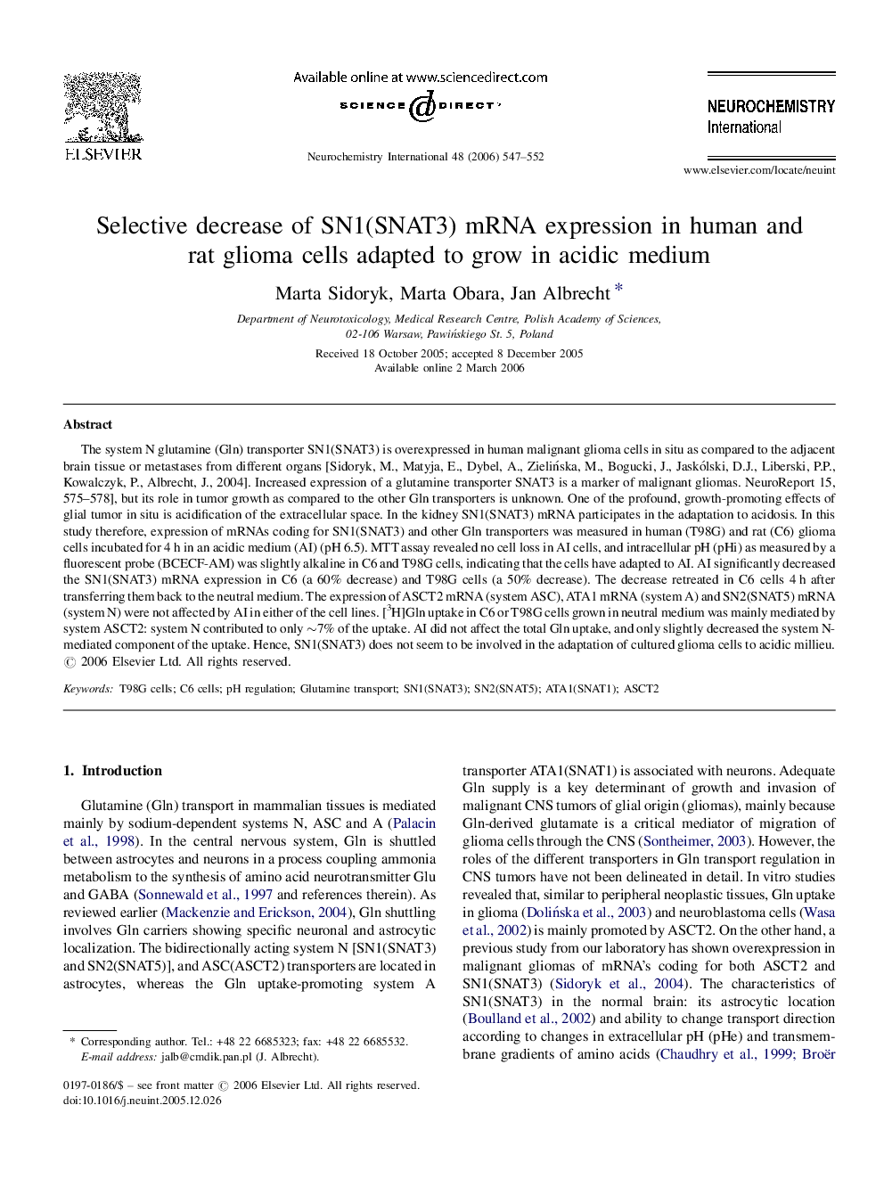 Selective decrease of SN1(SNAT3) mRNA expression in human and rat glioma cells adapted to grow in acidic medium