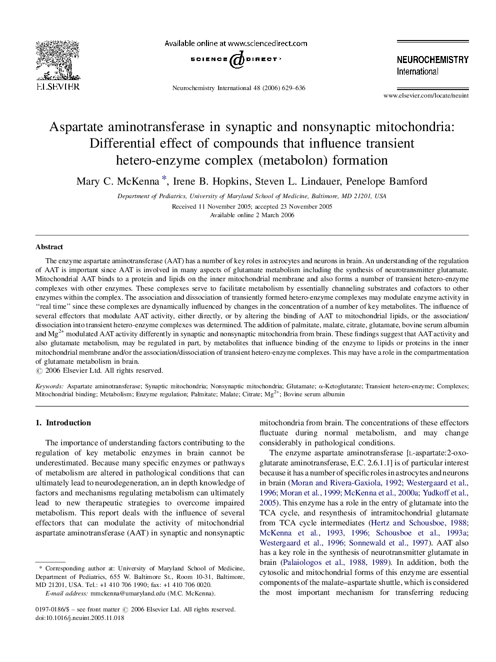 Aspartate aminotransferase in synaptic and nonsynaptic mitochondria: Differential effect of compounds that influence transient hetero-enzyme complex (metabolon) formation