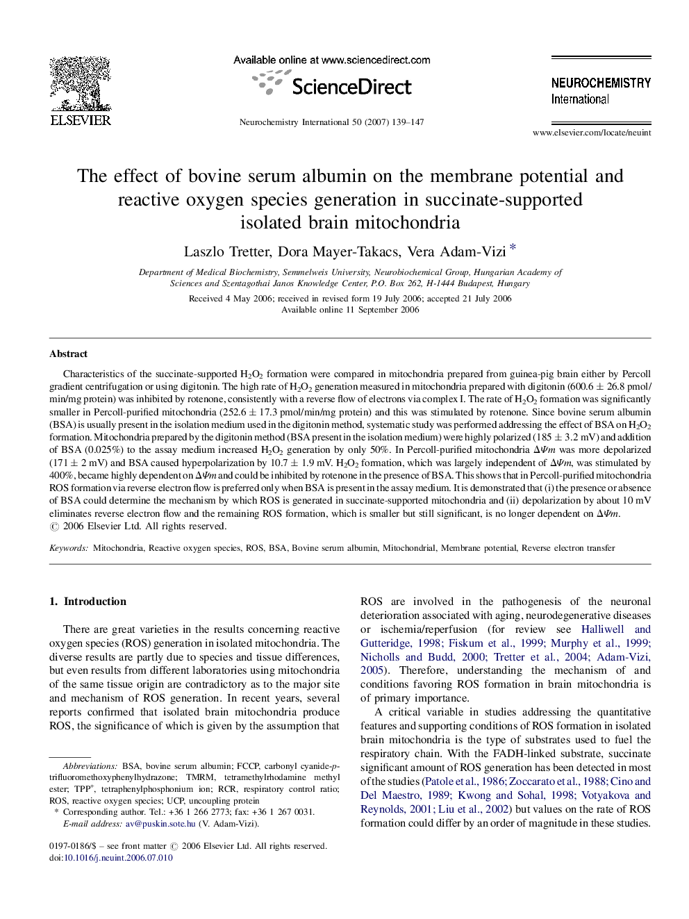 The effect of bovine serum albumin on the membrane potential and reactive oxygen species generation in succinate-supported isolated brain mitochondria