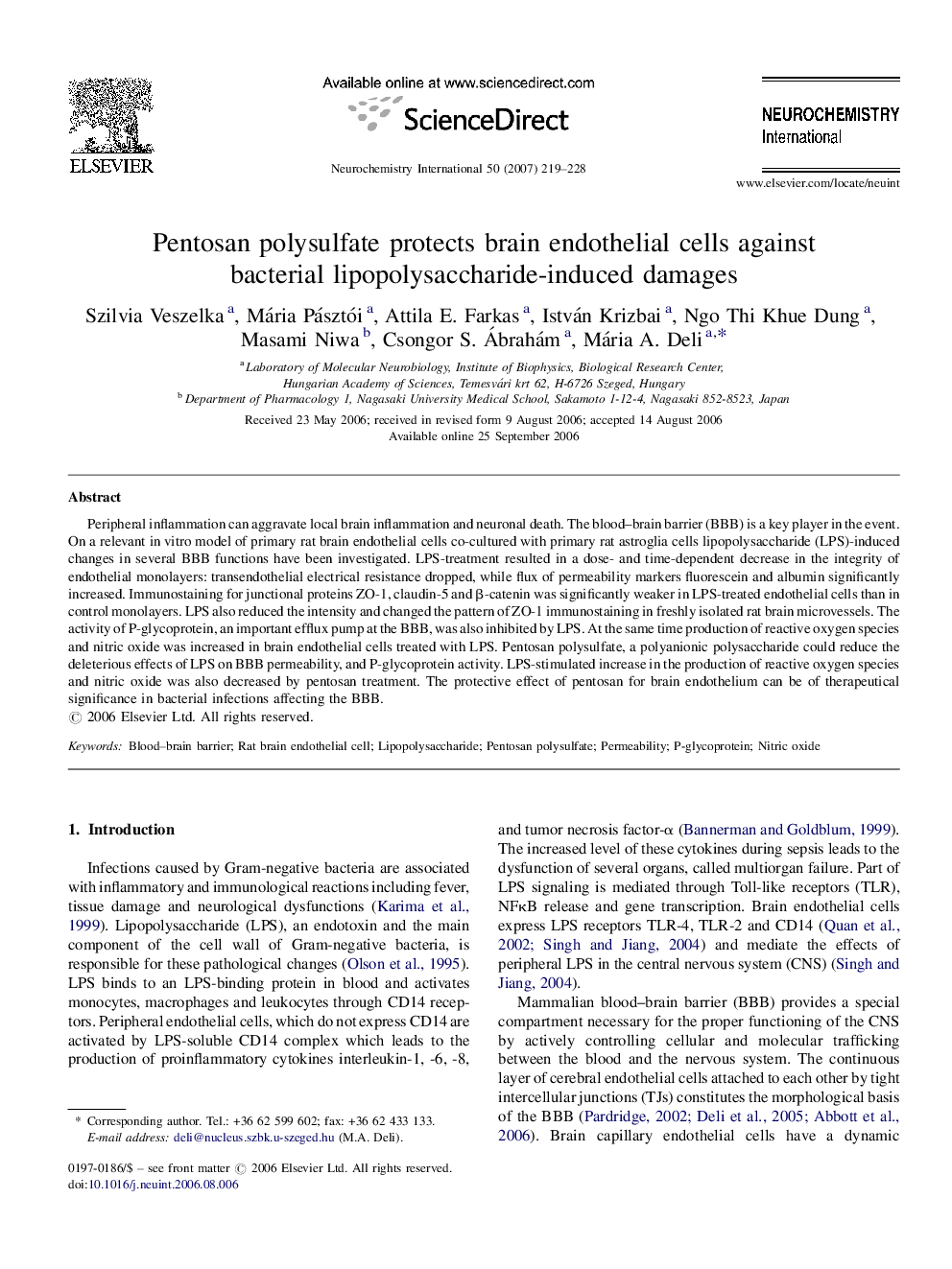 Pentosan polysulfate protects brain endothelial cells against bacterial lipopolysaccharide-induced damages