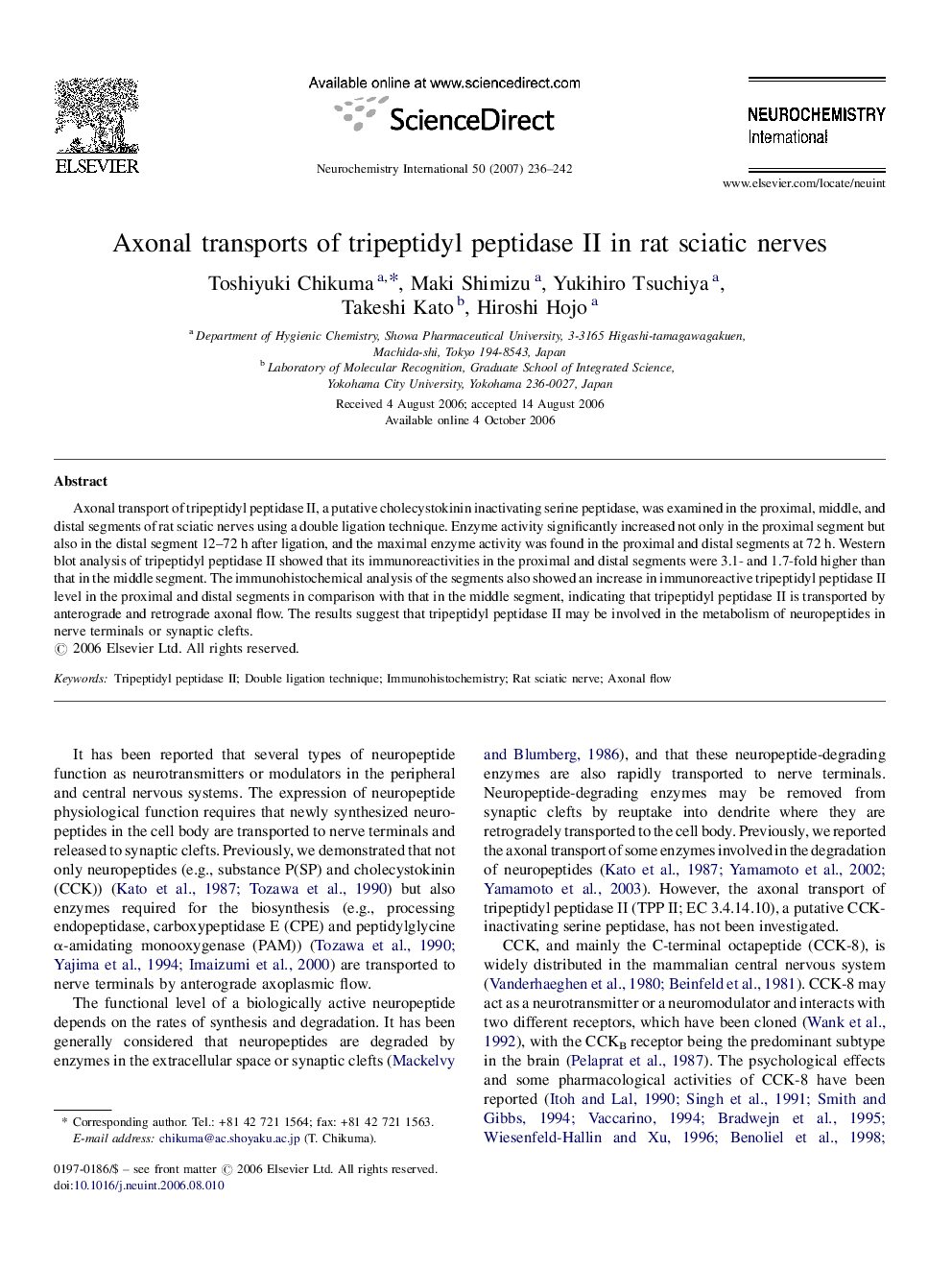 Axonal transports of tripeptidyl peptidase II in rat sciatic nerves