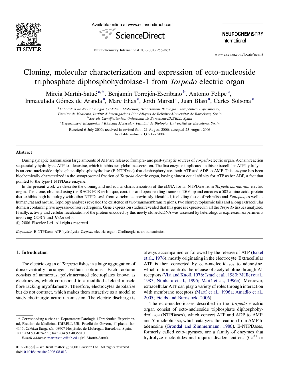 Cloning, molecular characterization and expression of ecto-nucleoside triphosphate diphosphohydrolase-1 from Torpedo electric organ