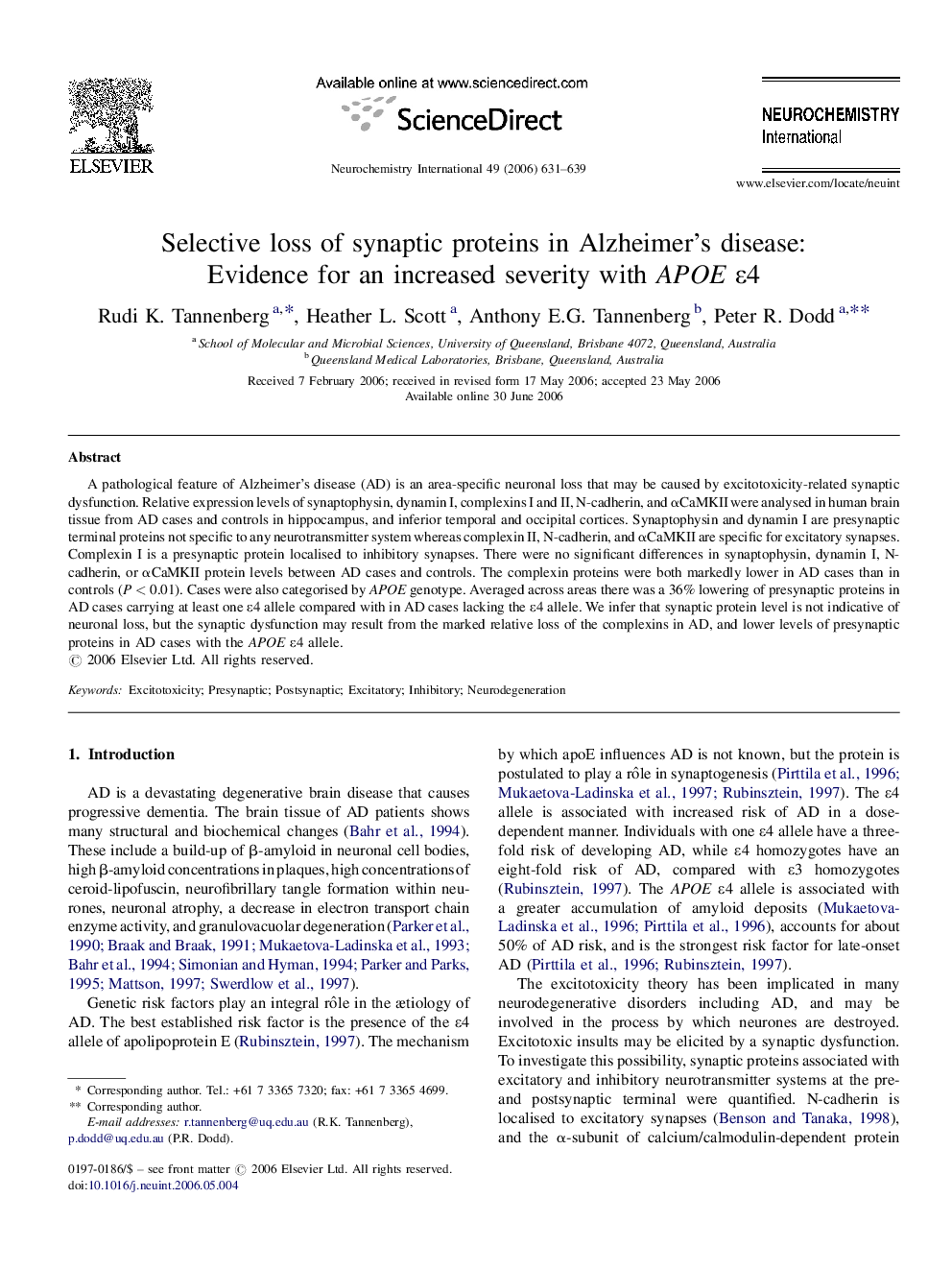 Selective loss of synaptic proteins in Alzheimer's disease: Evidence for an increased severity with APOE ɛ4