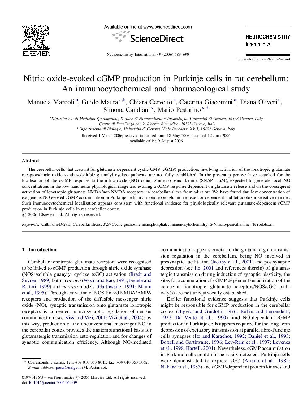 Nitric oxide-evoked cGMP production in Purkinje cells in rat cerebellum: An immunocytochemical and pharmacological study