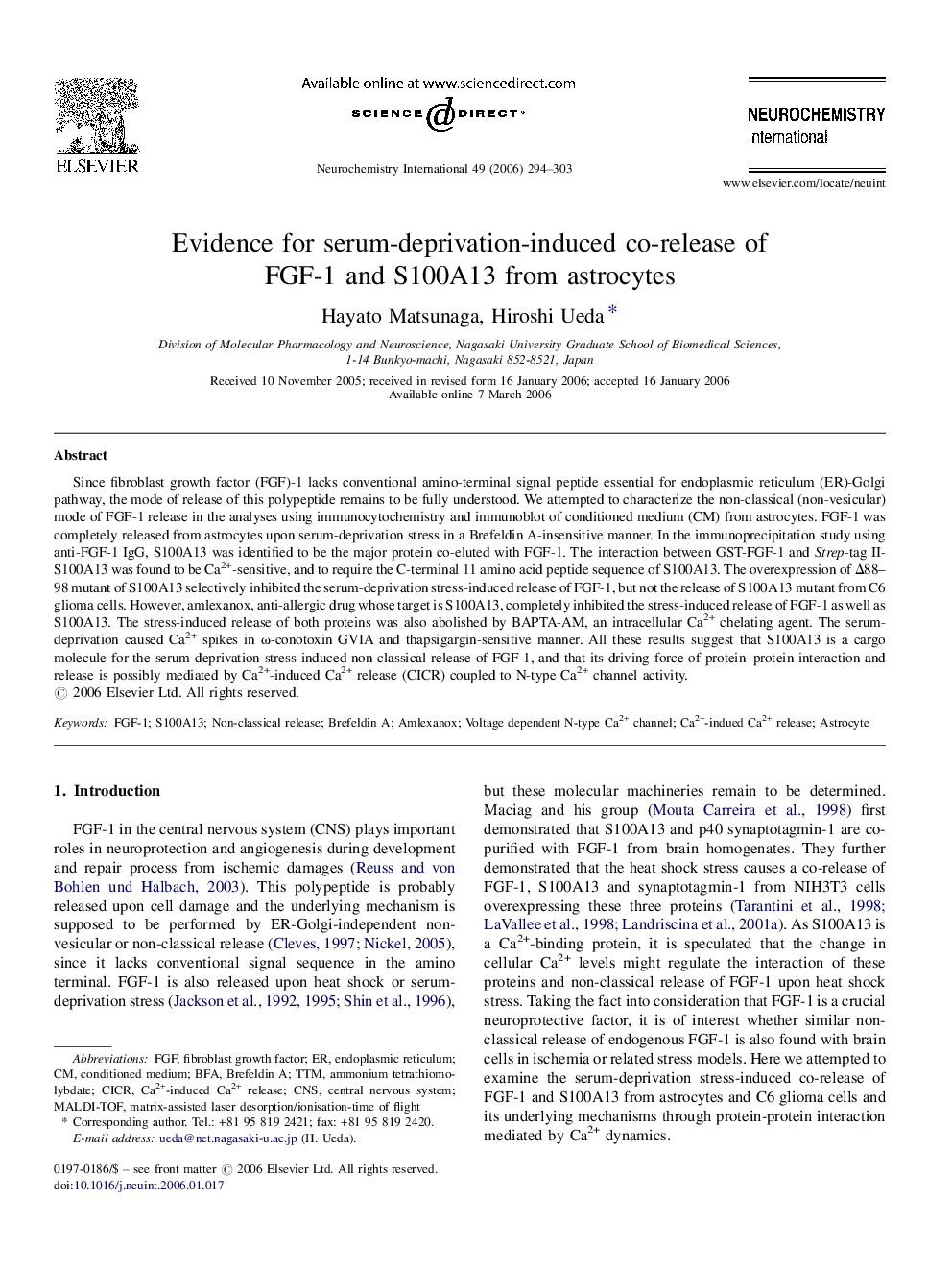 Evidence for serum-deprivation-induced co-release of FGF-1 and S100A13 from astrocytes