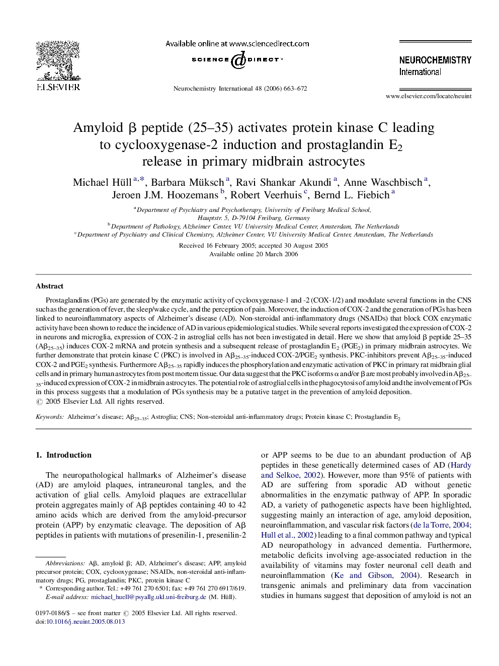 Amyloid β peptide (25–35) activates protein kinase C leading to cyclooxygenase-2 induction and prostaglandin E2 release in primary midbrain astrocytes