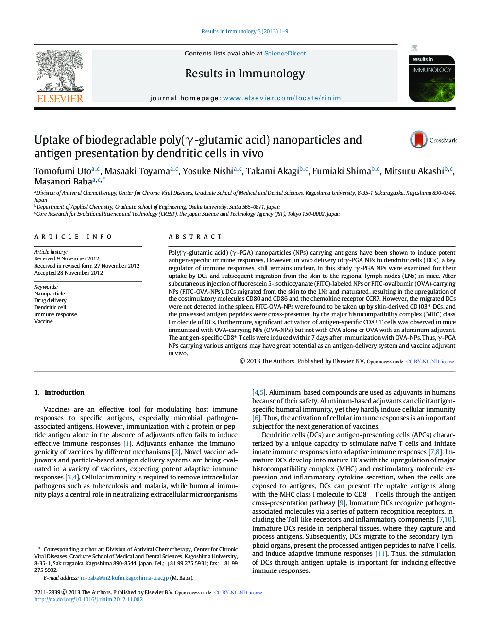 Uptake of biodegradable poly(γ-glutamic acid) nanoparticles and antigen presentation by dendritic cells in vivo