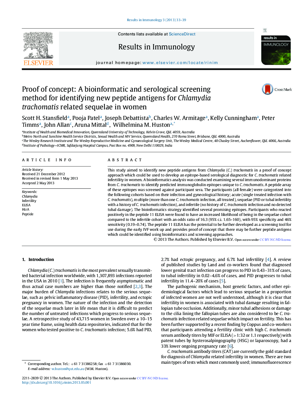 Proof of concept: A bioinformatic and serological screening method for identifying new peptide antigens for Chlamydia trachomatis related sequelae in women