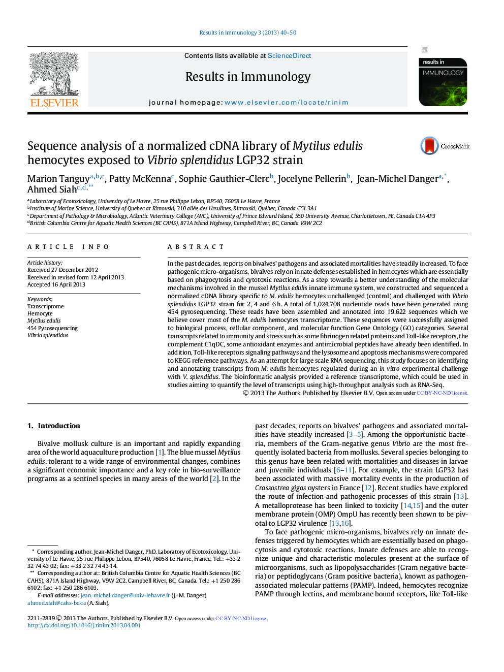 Sequence analysis of a normalized cDNA library of Mytilus edulis hemocytes exposed to Vibrio splendidus LGP32 strain