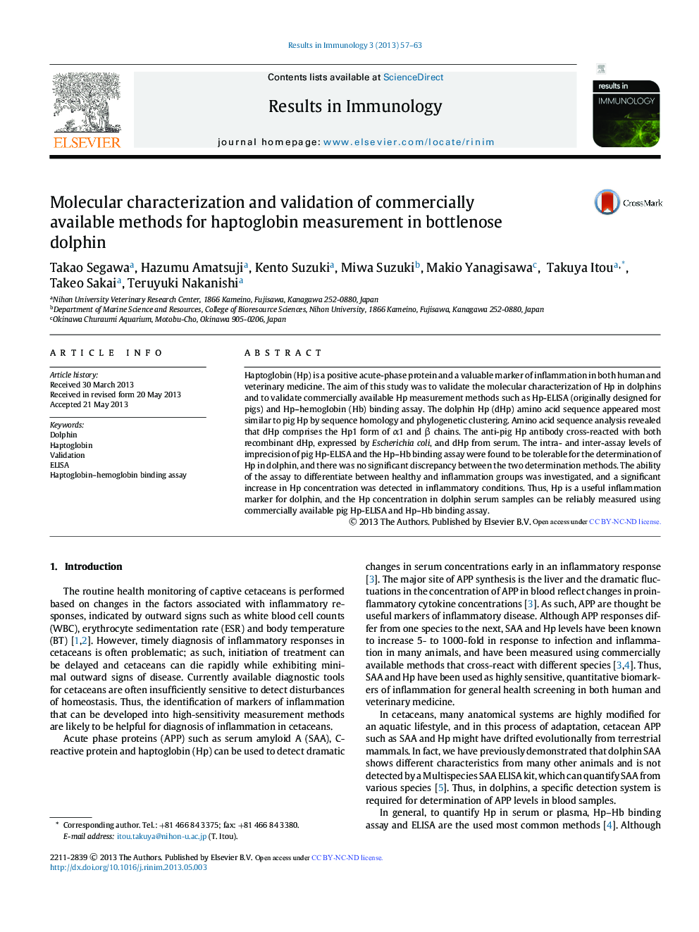 Molecular characterization and validation of commercially available methods for haptoglobin measurement in bottlenose dolphin