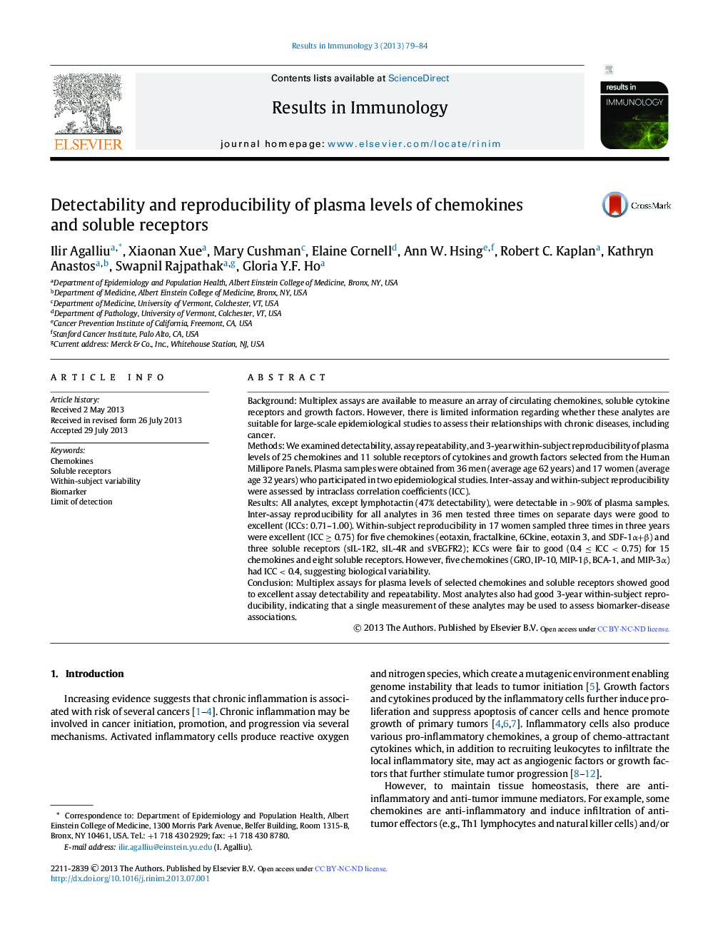 Detectability and reproducibility of plasma levels of chemokines and soluble receptors