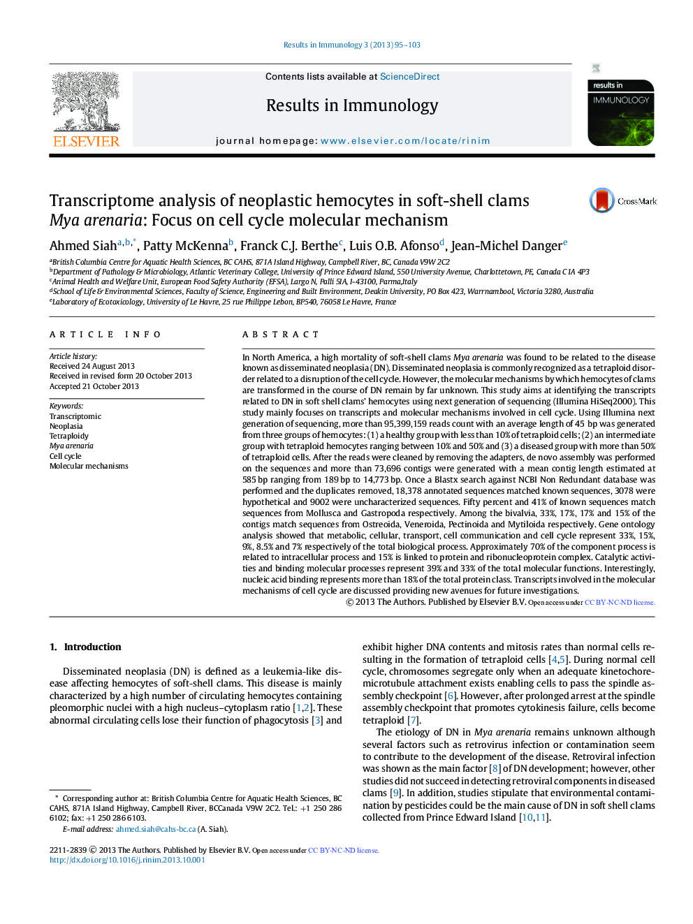 Transcriptome analysis of neoplastic hemocytes in soft-shell clams Mya arenaria: Focus on cell cycle molecular mechanism