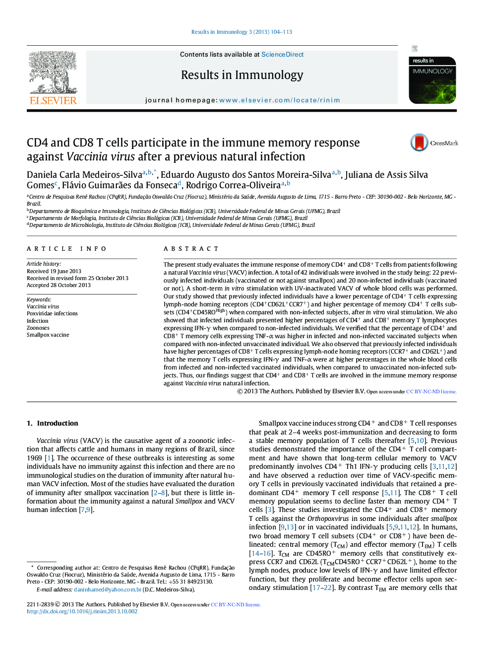 CD4 and CD8 T cells participate in the immune memory response against Vaccinia virus after a previous natural infection