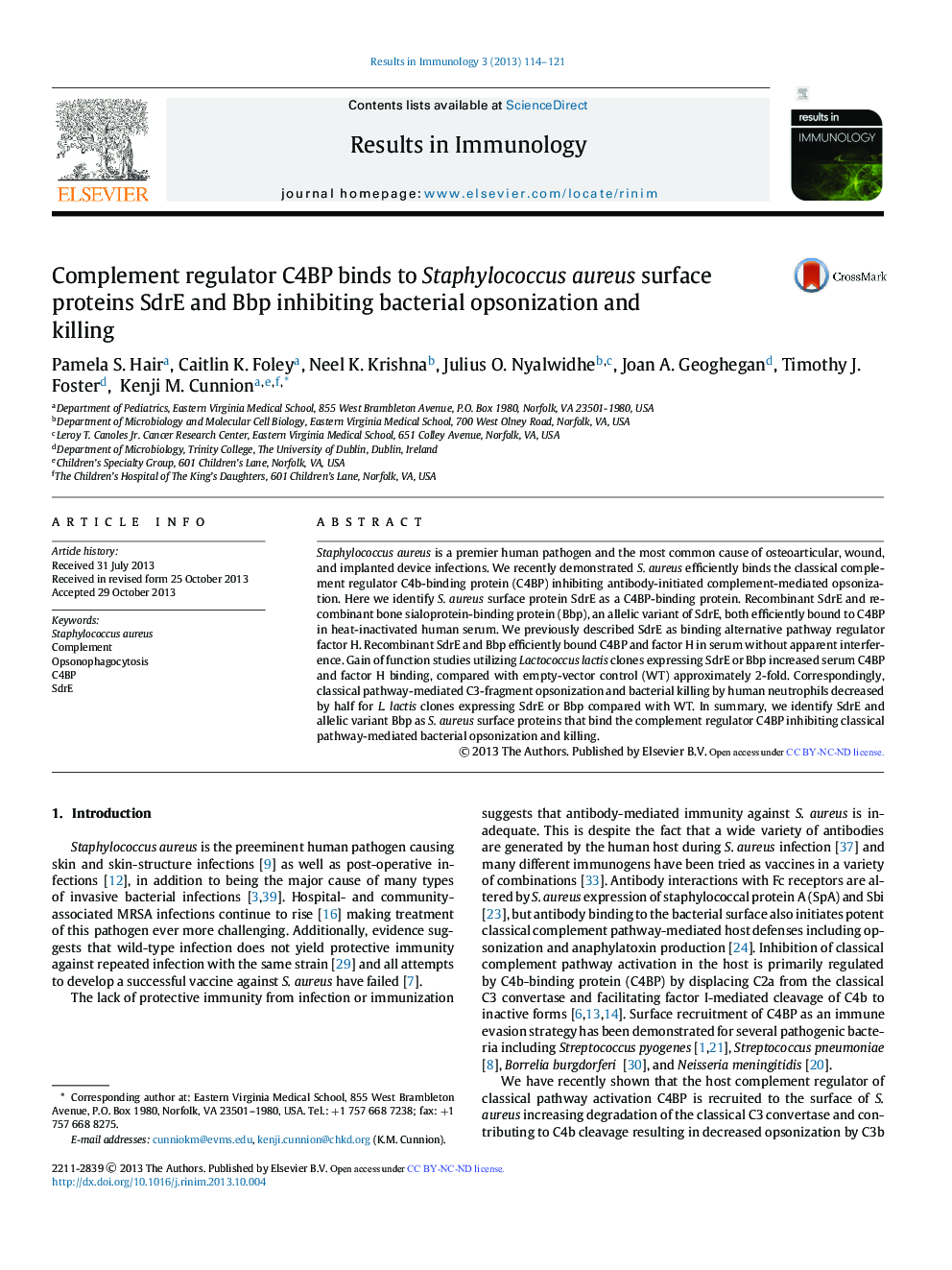 Complement regulator C4BP binds to Staphylococcus aureus surface proteins SdrE and Bbp inhibiting bacterial opsonization and killing