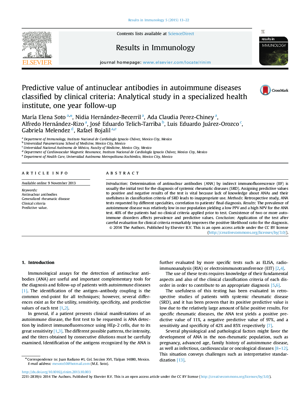 Predictive value of antinuclear antibodies in autoimmune diseases classified by clinical criteria: Analytical study in a specialized health institute, one year follow-up