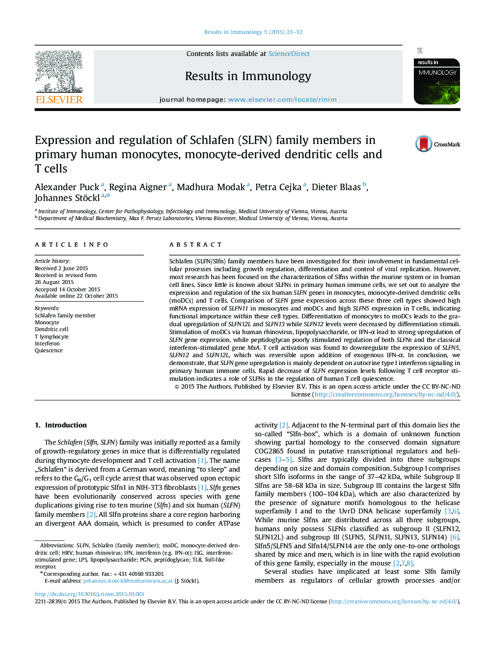 Expression and regulation of Schlafen (SLFN) family members in primary human monocytes, monocyte-derived dendritic cells and T cells