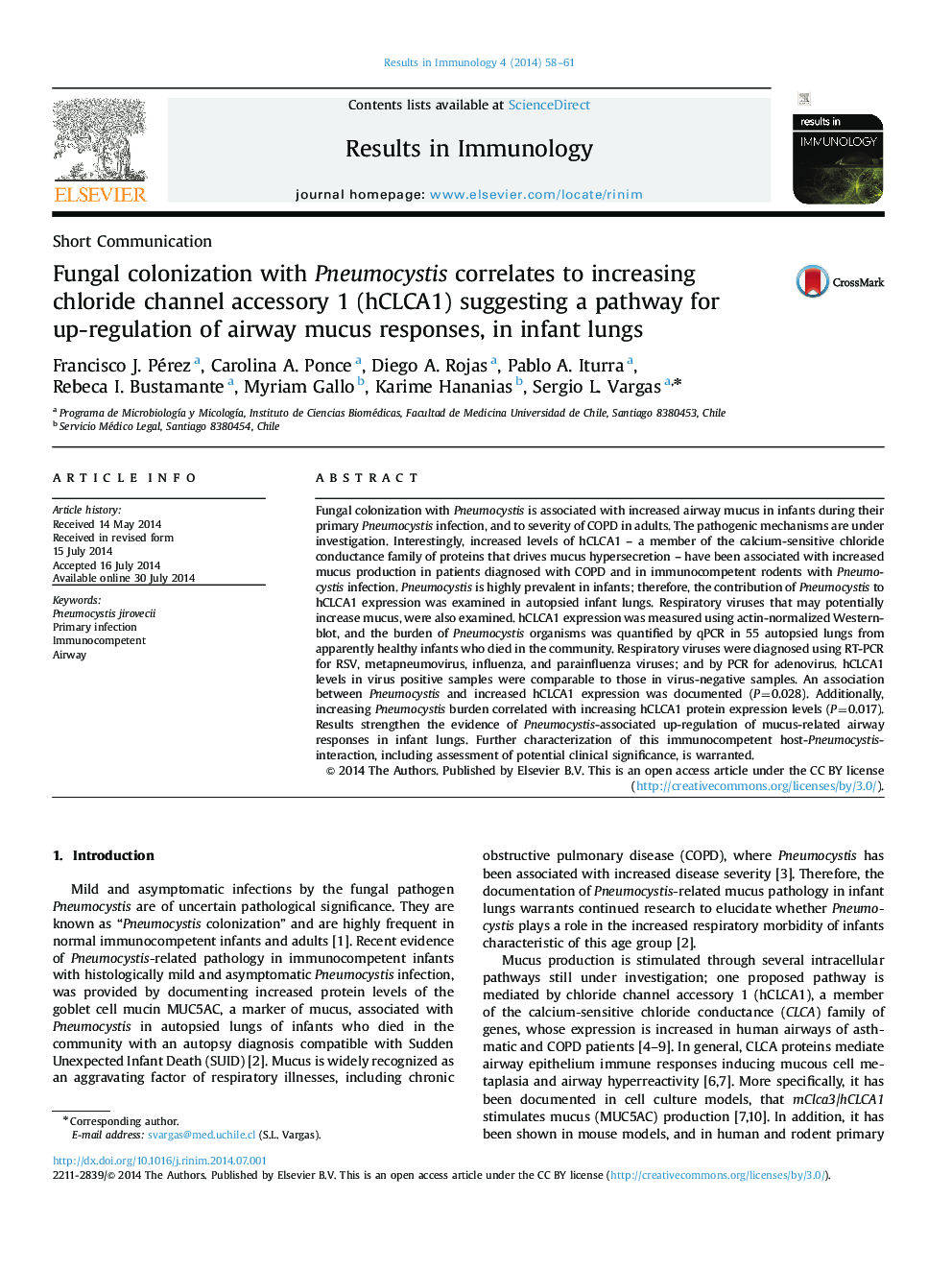 Fungal colonization with Pneumocystis correlates to increasing chloride channel accessory 1 (hCLCA1) suggesting a pathway for up-regulation of airway mucus responses, in infant lungs