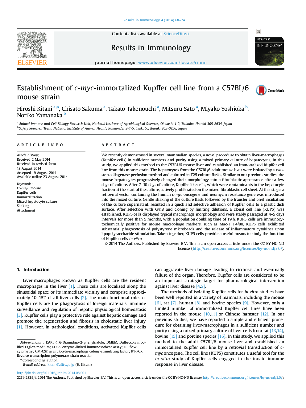 Establishment of c-myc-immortalized Kupffer cell line from a C57BL/6 mouse strain