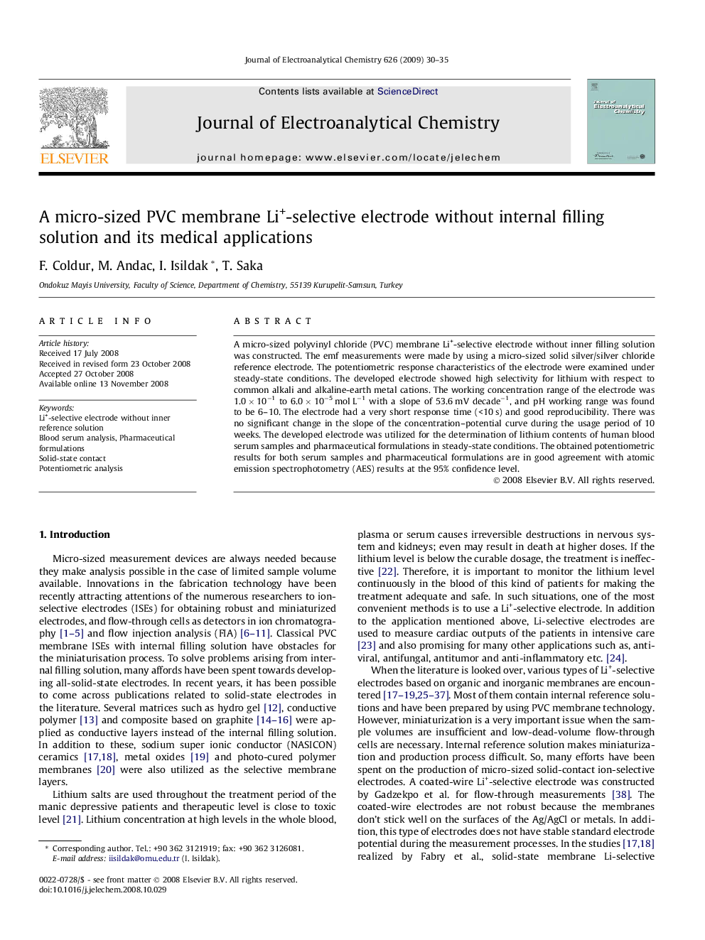 A micro-sized PVC membrane Li+-selective electrode without internal filling solution and its medical applications