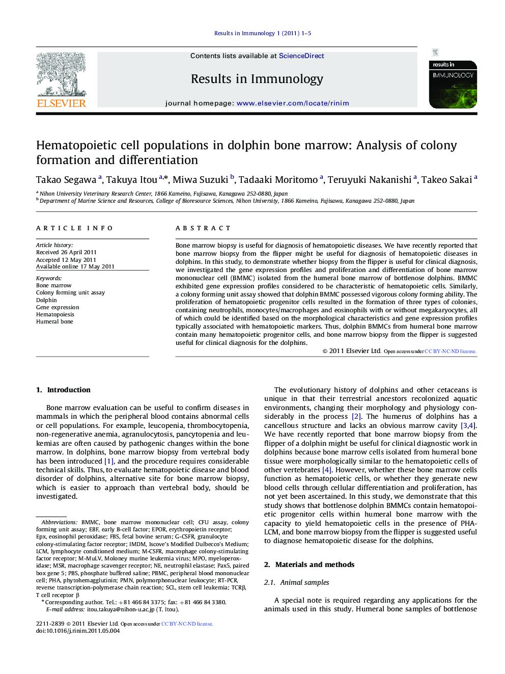 Hematopoietic cell populations in dolphin bone marrow: Analysis of colony formation and differentiation