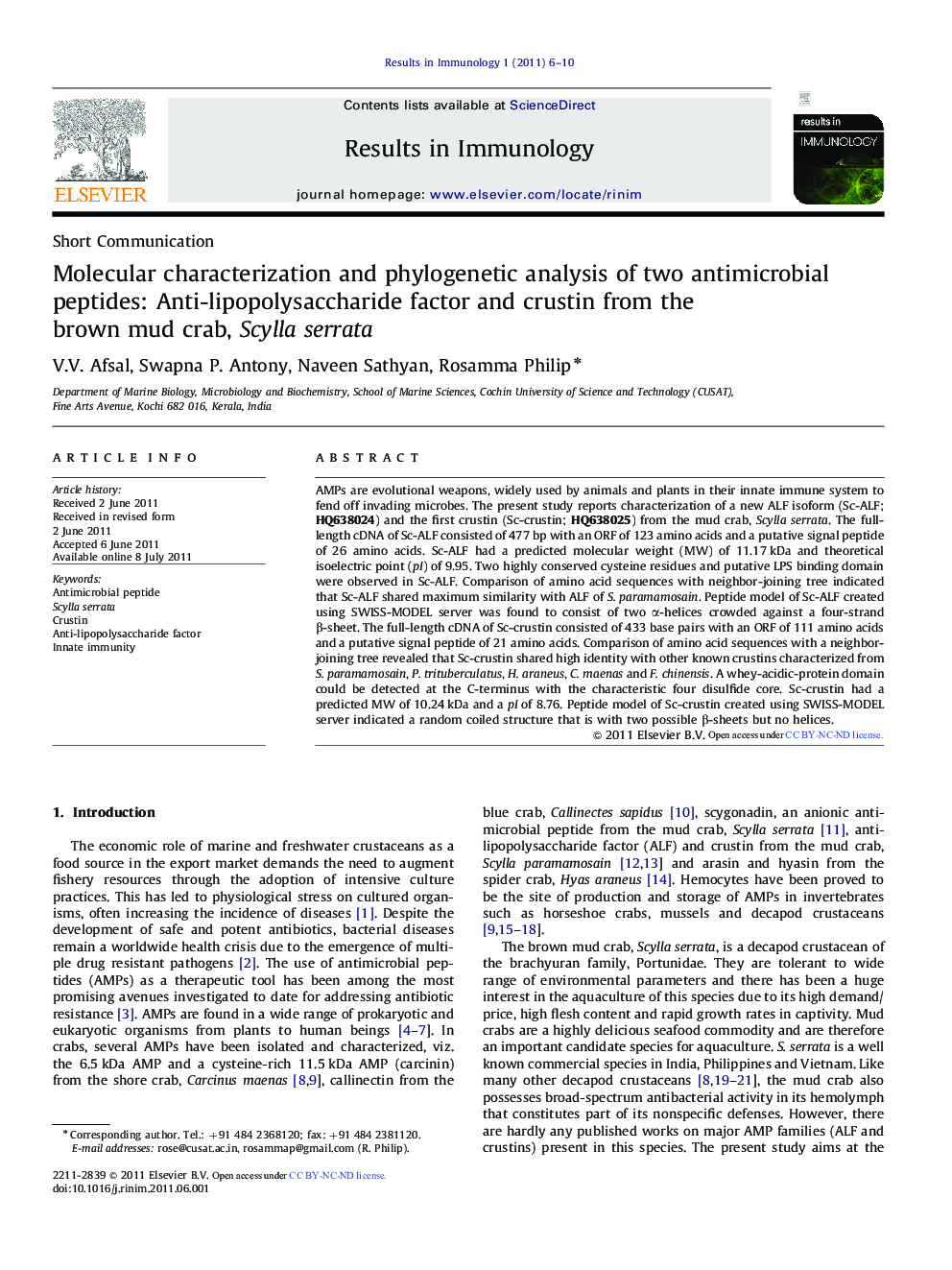 Molecular characterization and phylogenetic analysis of two antimicrobial peptides: Anti-lipopolysaccharide factor and crustin from the brown mud crab, Scylla serrata