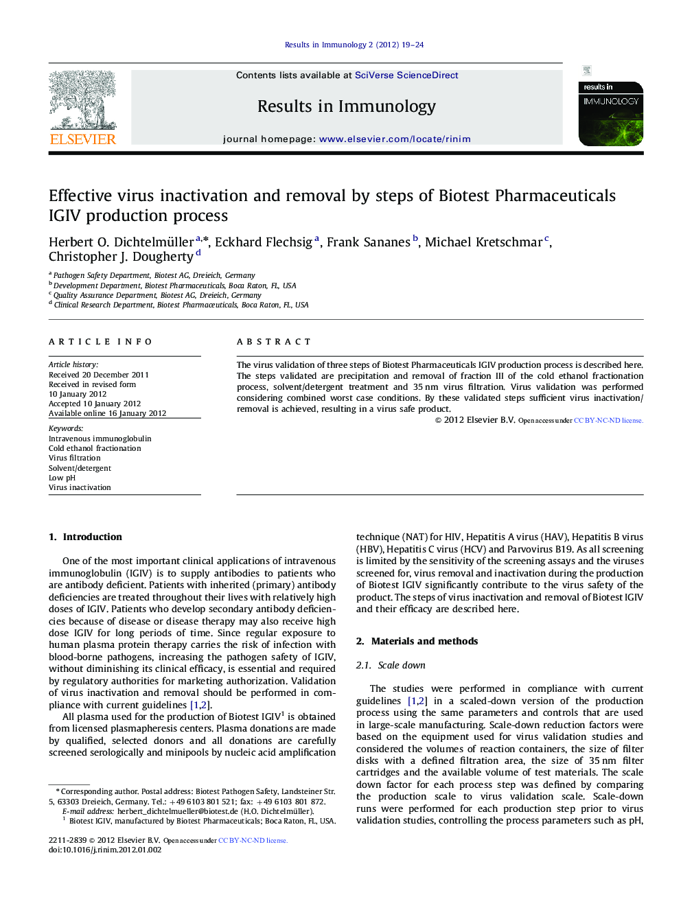 Effective virus inactivation and removal by steps of Biotest Pharmaceuticals IGIV production process